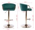 Set of 2 Bar Stools; with Chrome Footrest and Base Swivel Height Adjustable Mechanical Lifting Velvet + Golden Leg Simple Bar Stool-Green